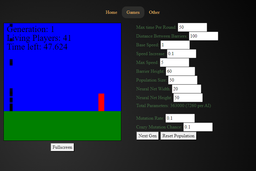 A bunch of squares jumping over a red barrier. There are many controls off to the side