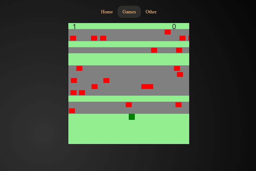 A low resolution version of frogger, with gray roads and red cars