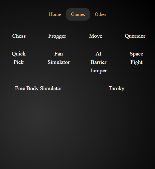 The games page, mobile version. The items in the list are stacked for mobile friendliness