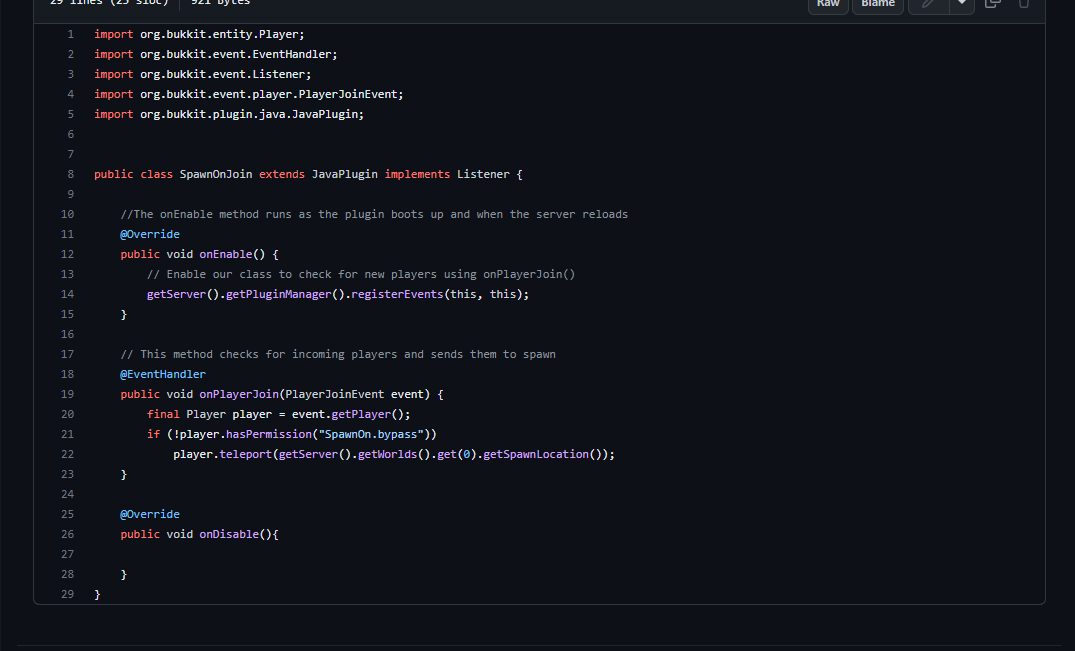 the raw code for Spawn On Join, a Minecraft plugin