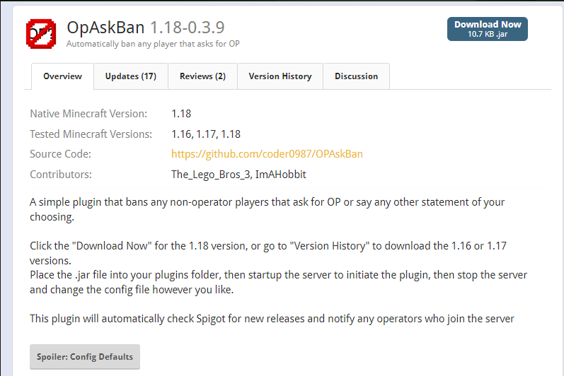 The Spigot website listing details about Op Ask Ban, a custom Minecraft plugin